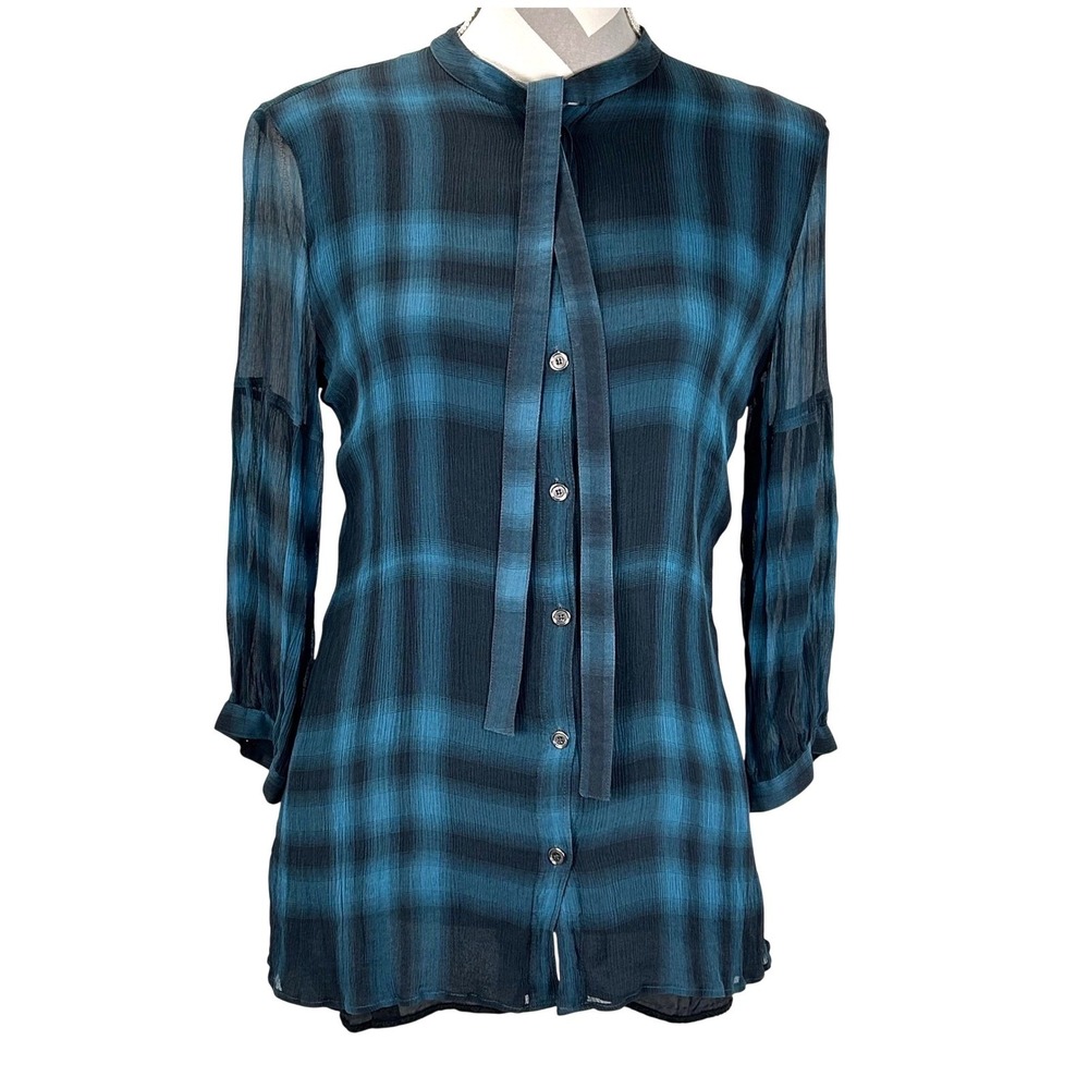 Burberry Plaid Georgette 100% Silk Blouse Shirt Tie Neck Button‎ Front  Women L - Picture 2 of 11